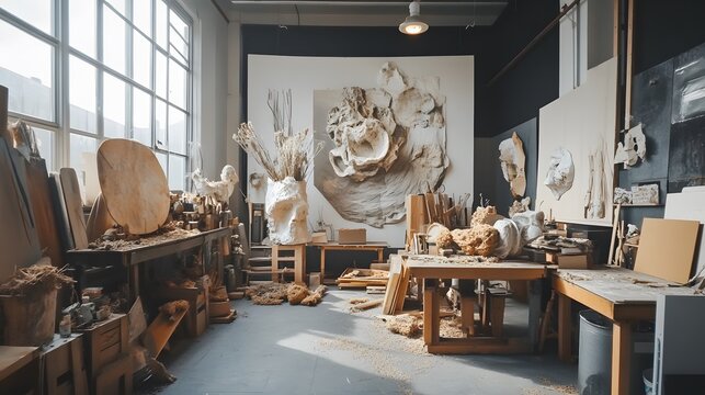 An inspiring workshop filled with wooden sculptures, tools, and artistic creations, showcasing the passion and craftsmanship of woodworking in a creative environment.