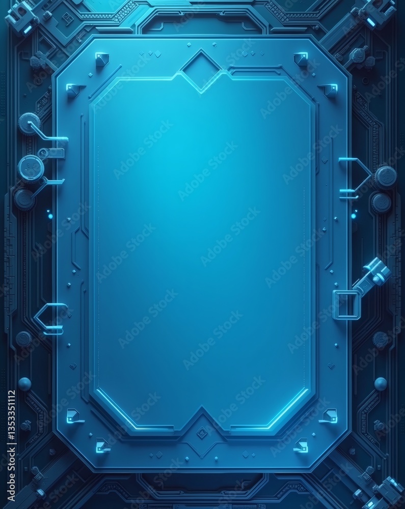 Poster an abstract blue futuristic design with a glowing digital interface. The design features intricate technological elements and geometric shapes