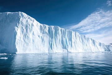 A massive glacier extending into ocean waters under a blue sky