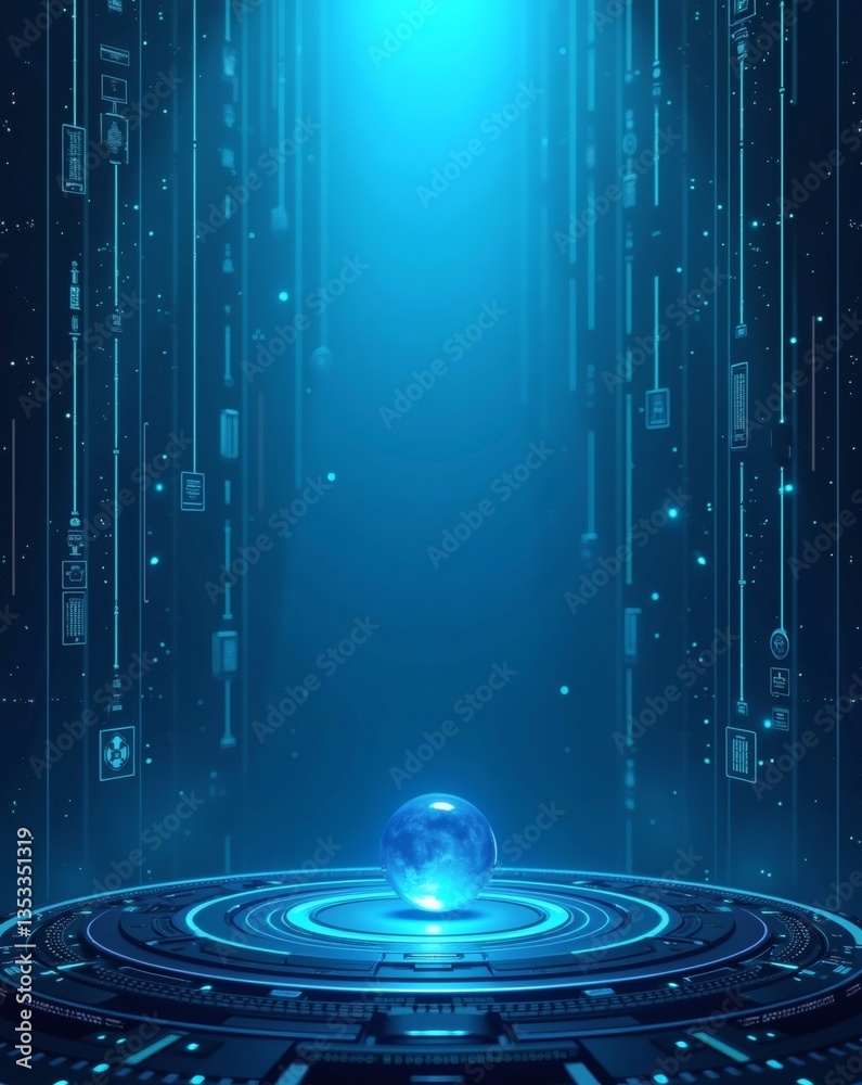 Poster an abstract digital depiction of a glowing blue orb floating atop a futuristic platform, with stream