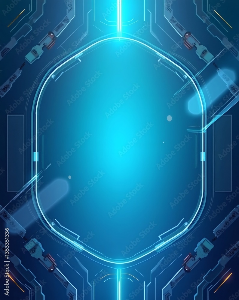 Poster futuristic digital user interface with blue light and a hexagon in the center