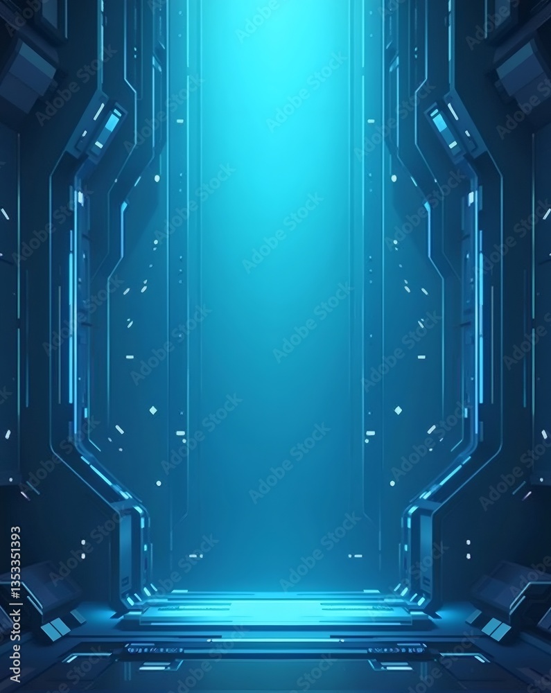 Poster an futuristic tech design with glowing panels and an inviting, bright light. the scene is very futuristic and high-tech
