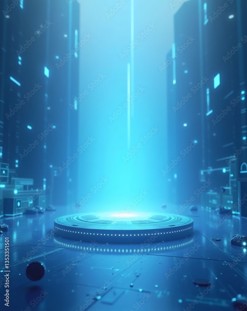 Poster a futuristic digital platform with a bright light shining through it, symbolizing technology and inn