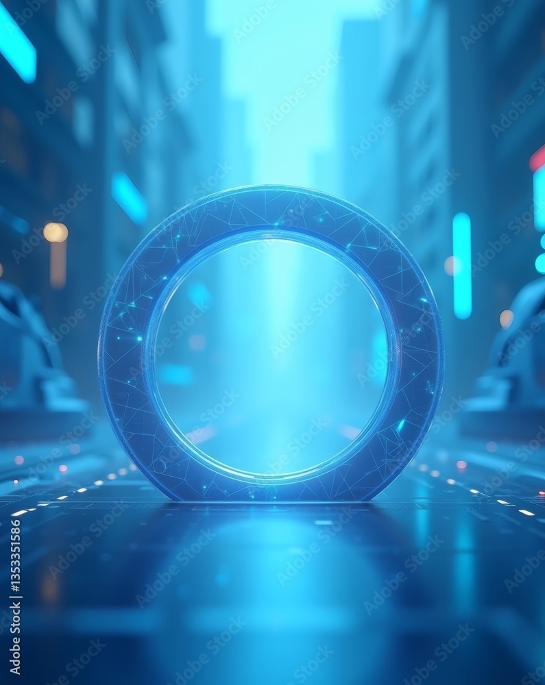 Poster a futuristic ring-shaped structure glows in a neon-lit city, with advanced technology and architectu