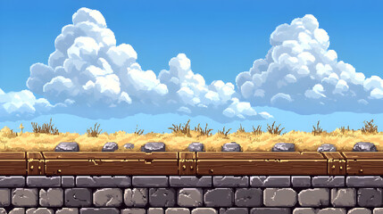 Pixel Art Landscape Background With Stone Wall And Grassy Field
