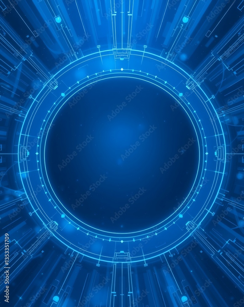 Poster a futuristic abstract with a blue circular design, showcasing technology and innovation. the central
