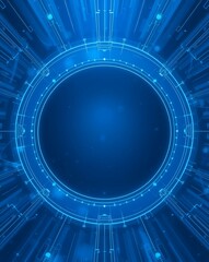 a futuristic abstract with a blue circular design, showcasing technology and innovation. The central focus is a glowing ring surrounded by intricate lines