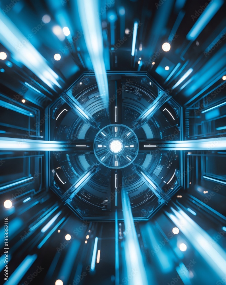 Poster a futuristic tunnel with blue light streaks and a central illuminated core, the environment is very 
