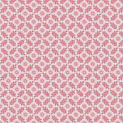 Seamless hand-drawn floral pattern with small leaves and petals in coral pink tones. Playful decorative abstract background ideal for wallpaper, textile, stationery, packaging, cheerful design project