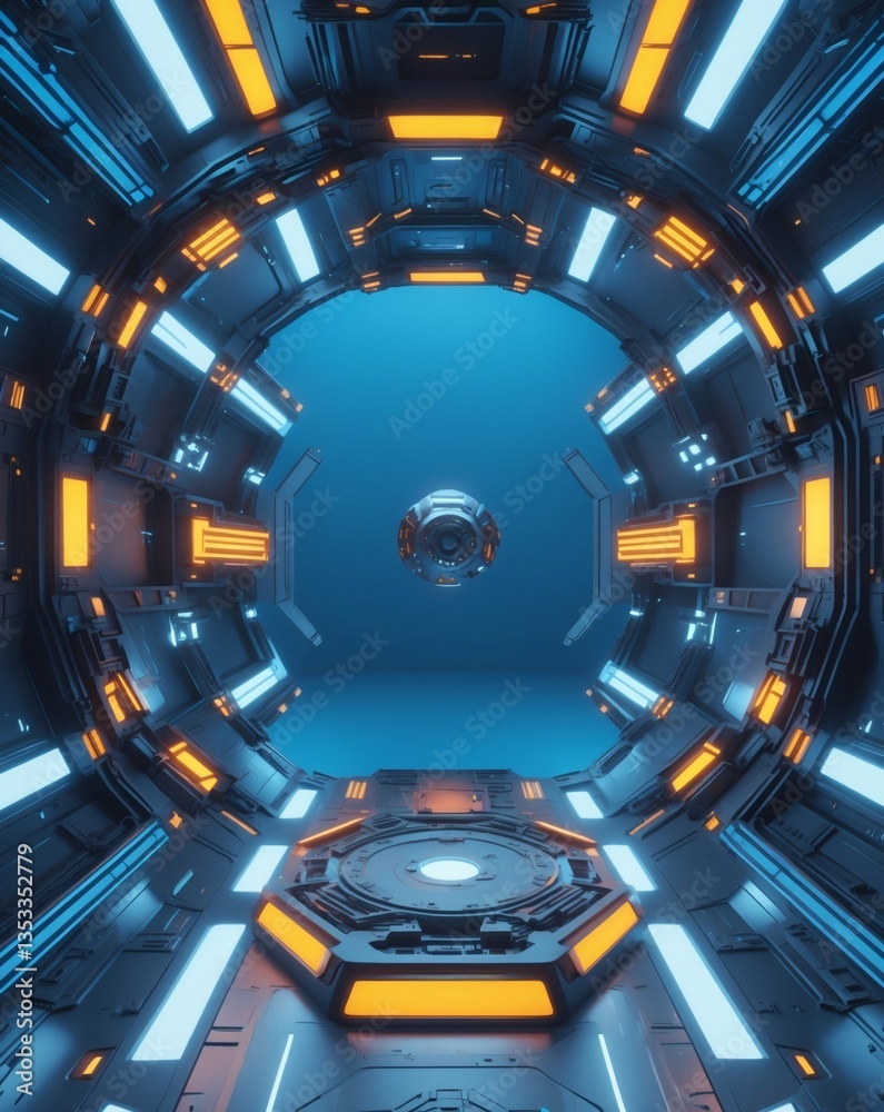 Poster futuristic interior design of a spaceship with technological elements and glowing lights. A central portal leads the eye towards a floating object, hinting at a vast, open expanse