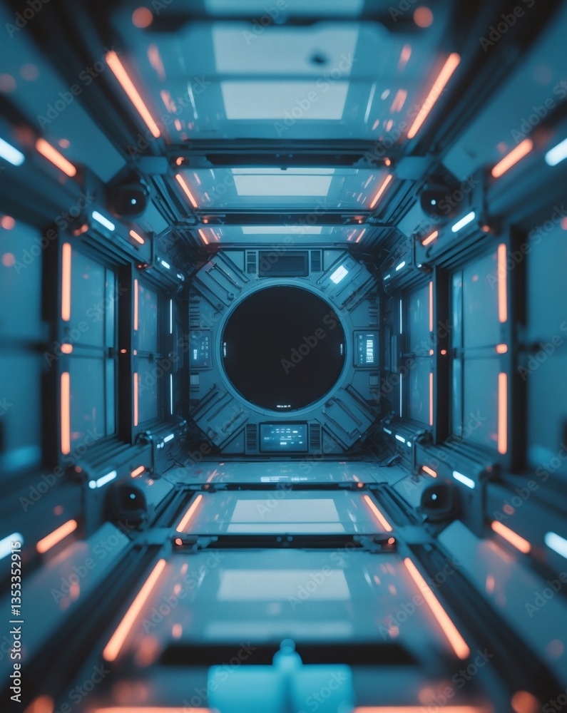 Poster a futuristic interior, a tunnel or corridor of a spaceship, with a central circular opening. the wal