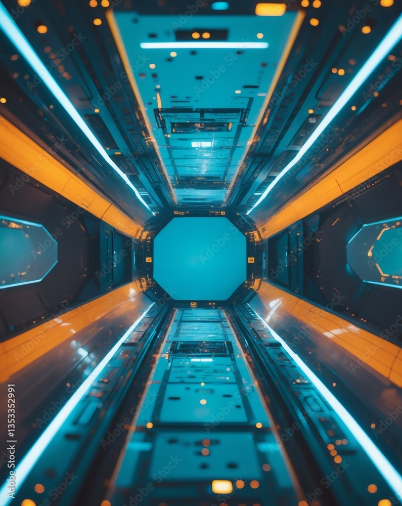 Poster a futuristic spaceship corridor with a bright, glowing tunnel. the corridor is constructed from high