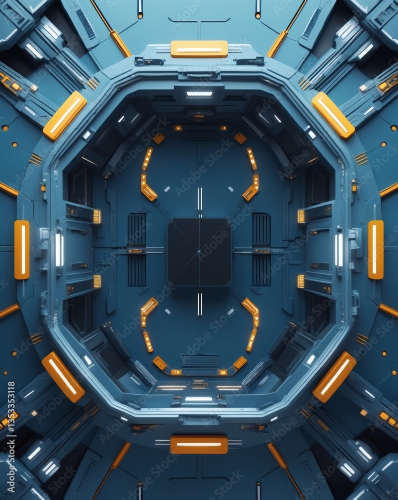 Poster futuristic sci-fi interior with intricate geometric patterns, giving a sense of advanced technology