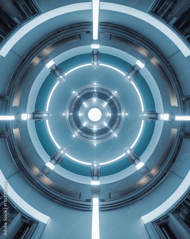 Poster A futuristic abstract architectural design, featuring concentric circular structures with illuminated neon lights