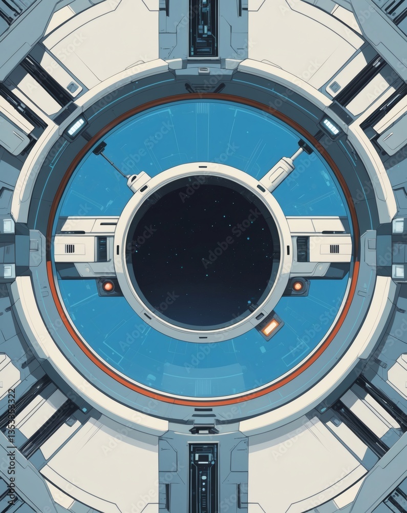 Poster a futuristic spaceship window looking into outer space, revealing a glimpse of the vast cosmos. The circular window is framed by a high-tech design, with intricate details and cool tones