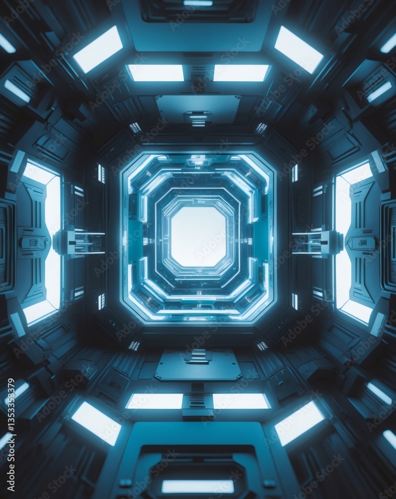 Poster a futuristic spaceship interior, blue illuminated tunnel with a sense of forward motion and technolo