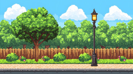 Pixel Art Park Scene With Trees And Lamppost