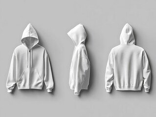 Three views of a plain white zippered hooded sweatshirt