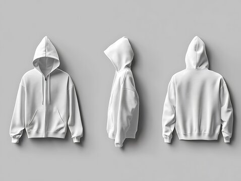 Three views of a plain white zippered hooded sweatshirt