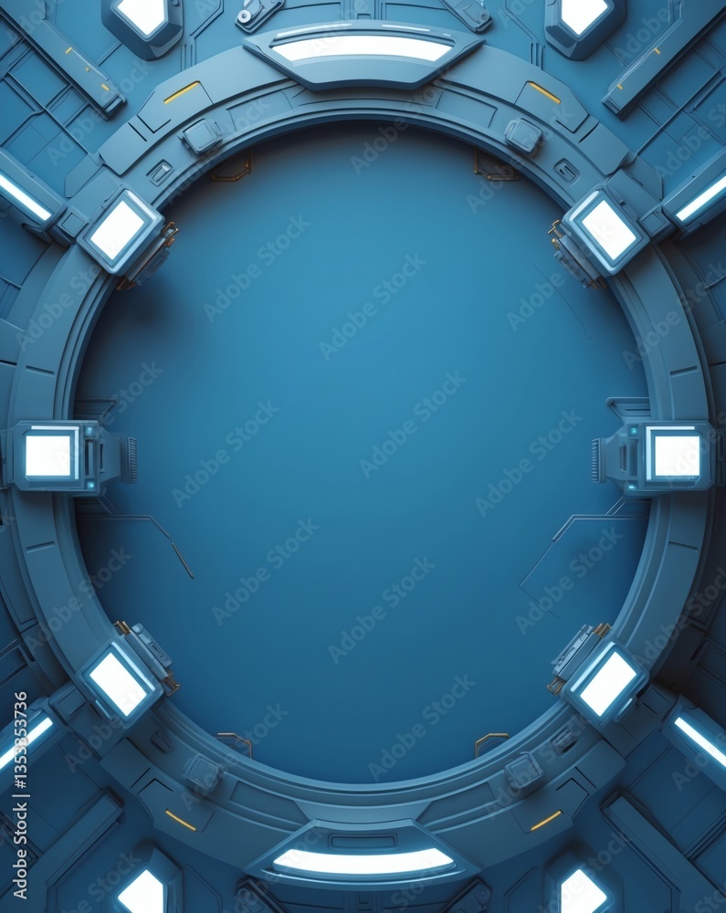 Poster a futuristic sci-fi portal, a bright blue energy effect within a high-tech circular frame. the envir