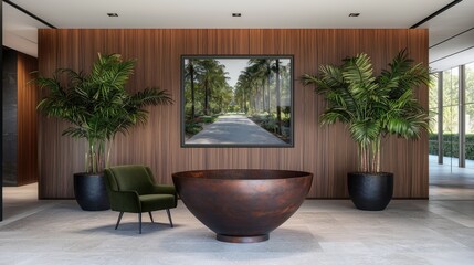 Fototapeta premium Modern loft interior with dark olive armchair and artistic decor urban space photography contemporary style