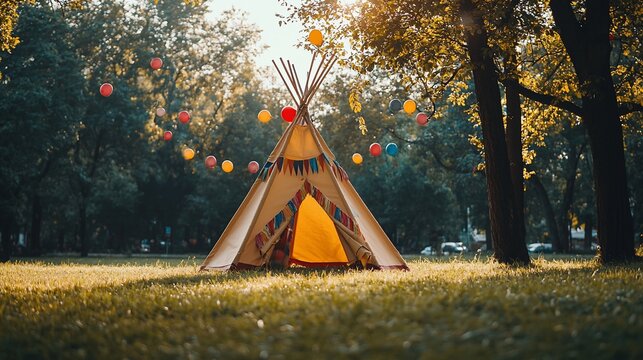 Festive teepee tent in park.