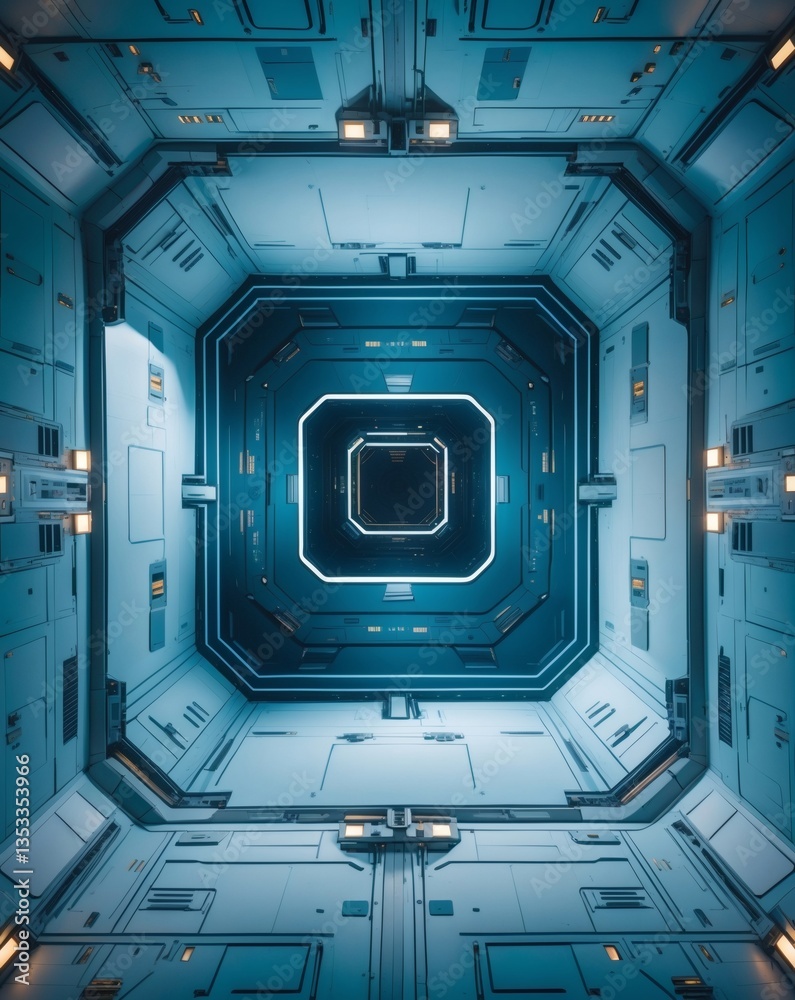 Poster interior view of a futuristic space station corridor, illuminated with blue and white lights. it cre