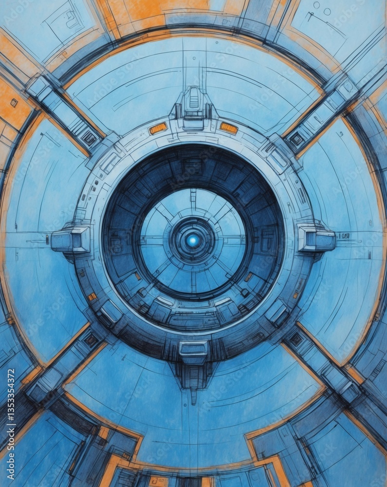 Poster a detailed illustration of a futuristic circular device with a blue and orange color scheme, with an