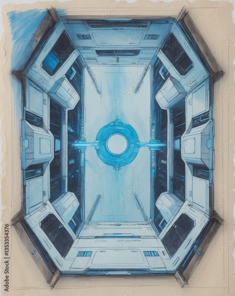 Poster futuristic interior design, an abstract perspective view of a spaceship's control room, dominated by