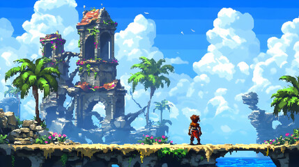Pixel Art Tropical Island Ruins Landscape
