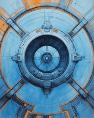 a detailed illustration of a futuristic circular device with a blue and orange color scheme, with an eye-like design in the center