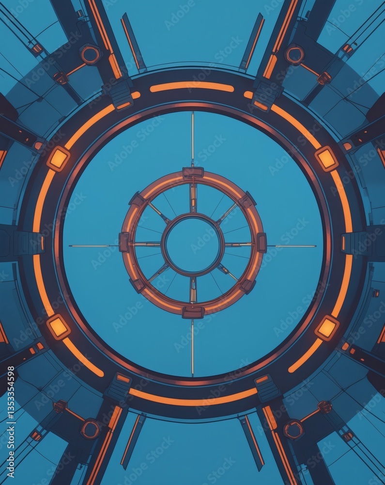 Poster futuristic tech abstract, centered on a circular portal with glowing accents. the image suggests adv