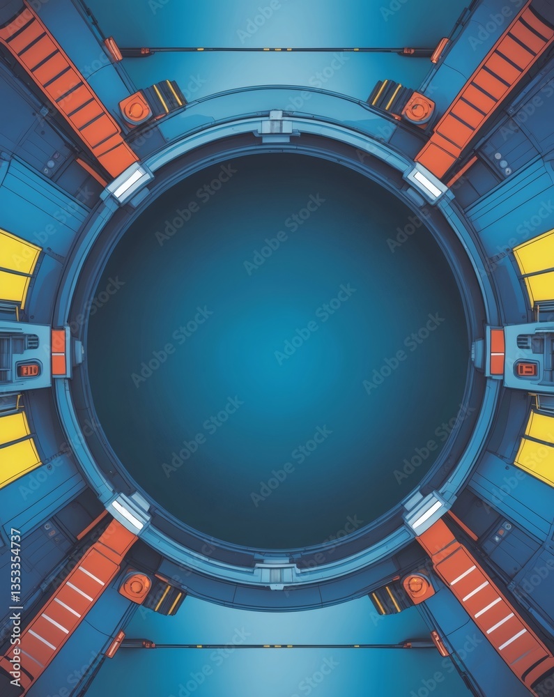 Poster a futuristic portal or circular window with a vibrant blue color scheme and intricate mechanical elements. The design evokes a sense of technology and advanced engineering