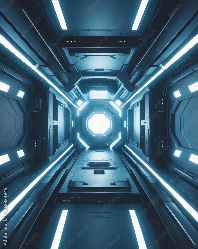 Poster an abstract view of an illuminated futuristic spaceship corridor, with blue neon lights