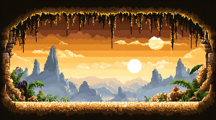 Pixelated Cave View Of Sunrise Landscape