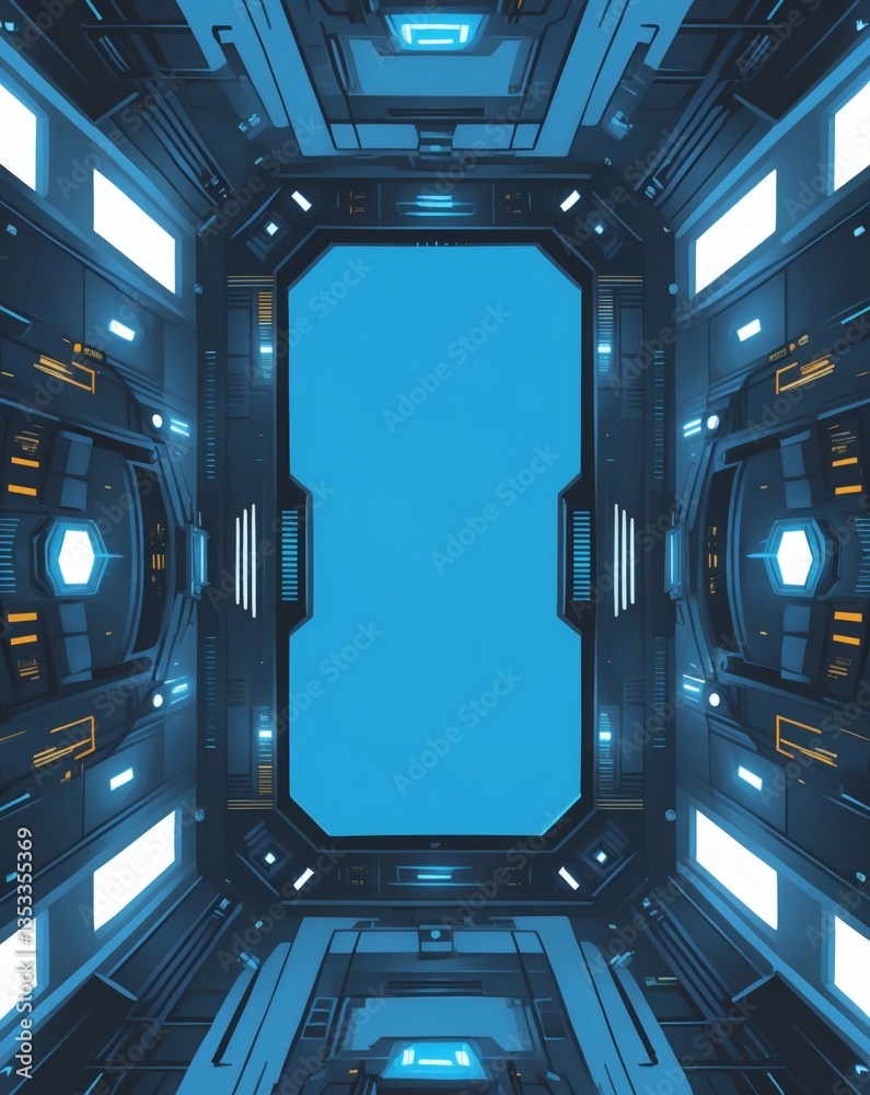 Poster a futuristic spaceship interior with glowing lights and a blue portal or viewscreen. the scene evoke