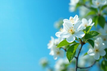 Obraz premium Beautiful jasmine flower bush with fragrant white blossoms against a blue sky backdrop, fragrant, jasmine flowers, bush