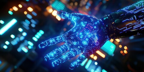 A close-up of a cybernetic hand reaching out towards a digital interface, glowing with neon blue circuits