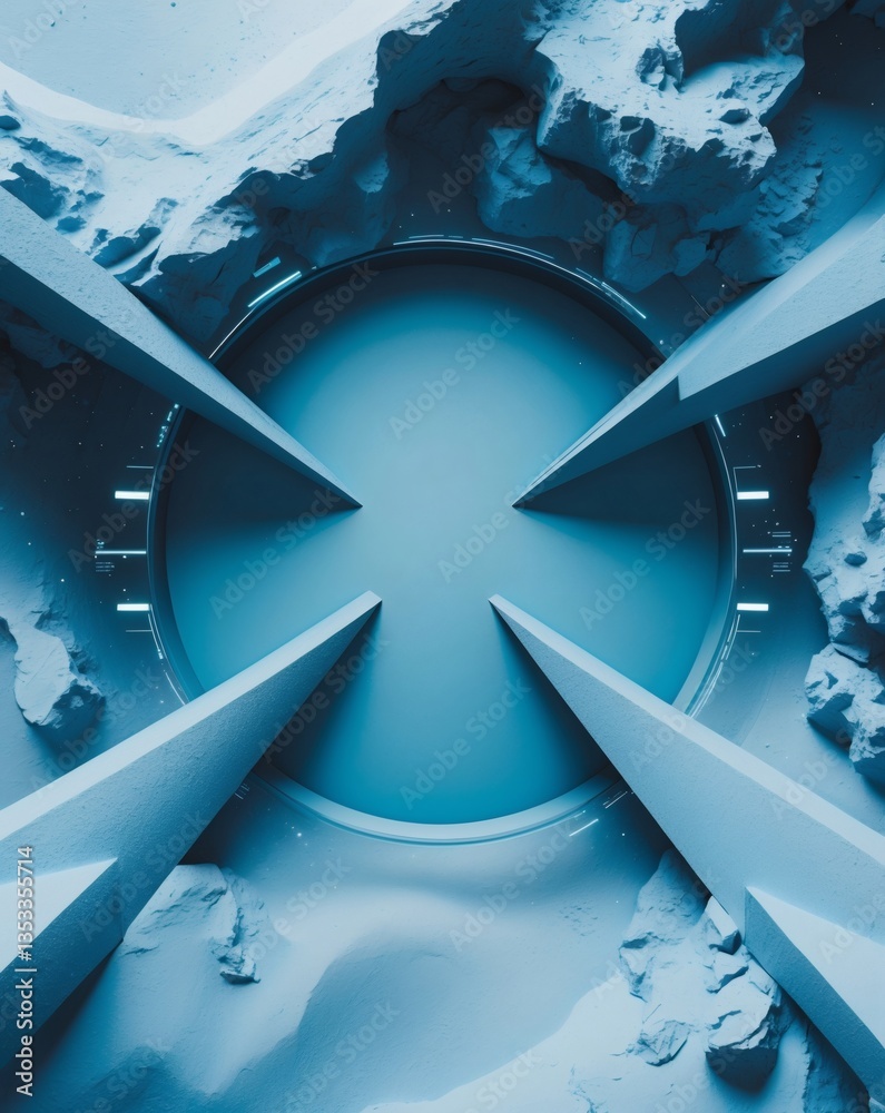 Poster an abstract and captivating architectural structure with clean lines and a minimalist aesthetic, in monochromatic blue tones. This image is of modern structure concept and minimalist design