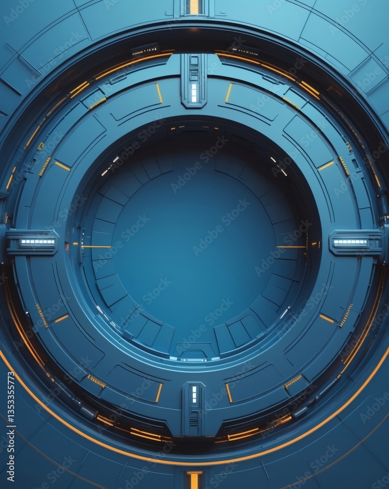 Poster a futuristic circular portal or gateway design. The design is rendered with a metallic texture and a cool color scheme.
