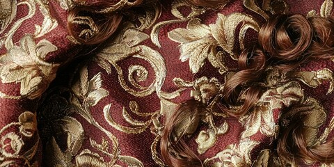 A close-up of a rich brocade fabric in royal red and gold with intricate weaving
