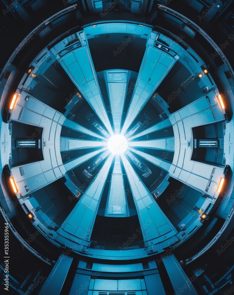 Aufkleber a detailed view of a futuristic, circular structure. The interior is a combination of geometric shapes and glowing lights. The design is modern and complex. 