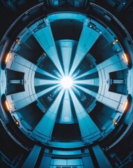 Naklejka premium a detailed view of a futuristic, circular structure. The interior is a combination of geometric shapes and glowing lights. The design is modern and complex. 