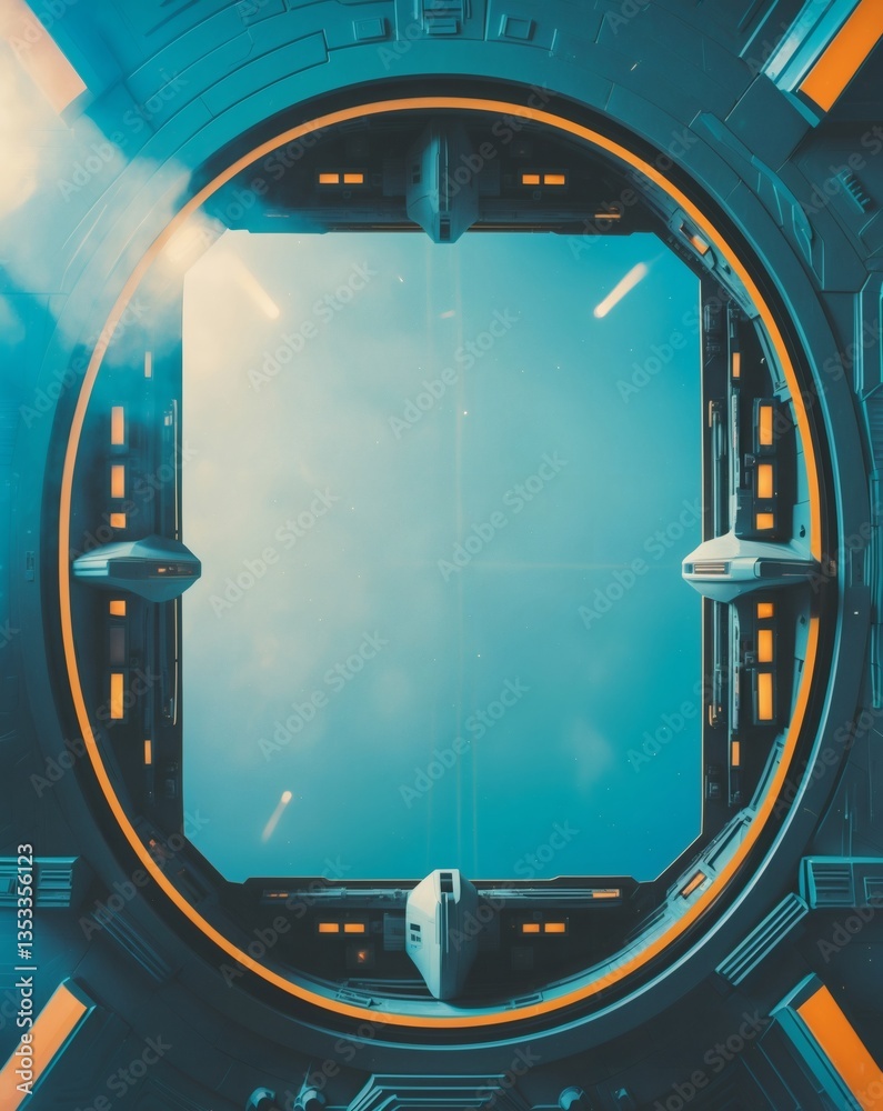 Poster A futuristic spaceship window with a view of space. The window frame has a circular design with a metallic look, offering a glimpse of celestial elements