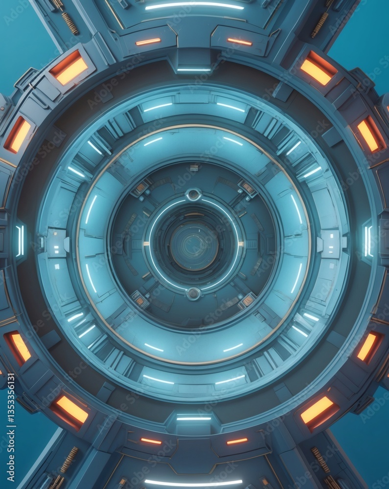 Poster a futuristic technological circular structure with blue neon lights and intricate details