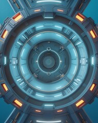 Fototapeta premium A futuristic technological circular structure with blue neon lights and intricate details