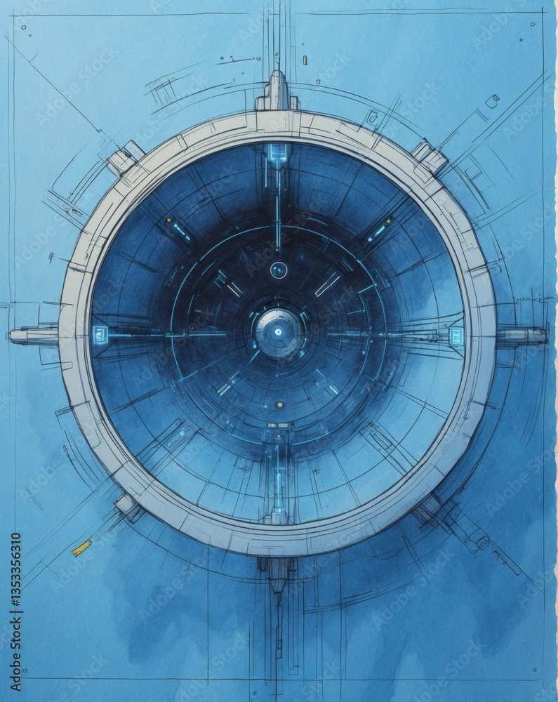 Poster an abstract architectural blueprint of a large circular structure with intricate details. The design is futuristic and complex