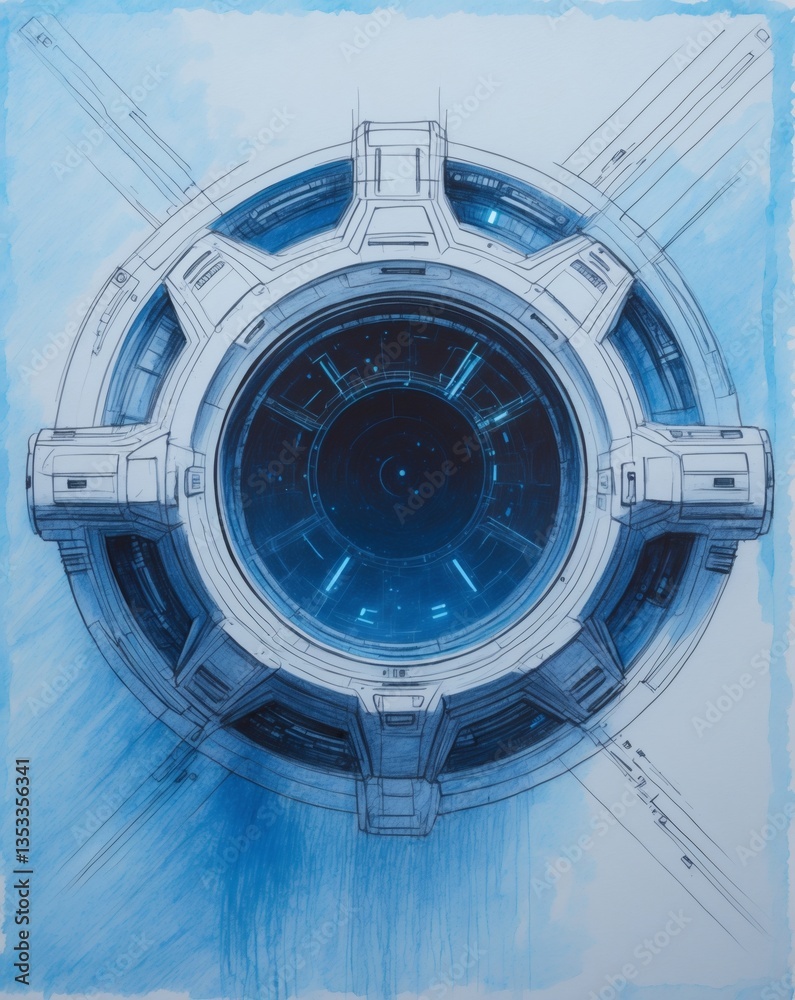 Poster a futuristic mechanical device with a circular design and intricate details, captured in a sketch wi