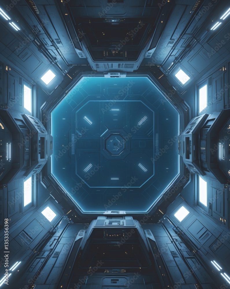 Poster a futuristic spaceship interior with a bright blue core. the scene features a symmetrical design wit