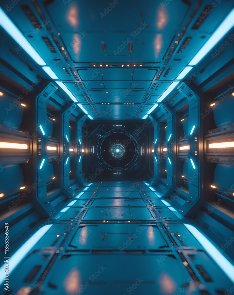 Leinwandbilder a futuristic spaceship corridor with neon blue lights, creating a sense of wonder and technological 